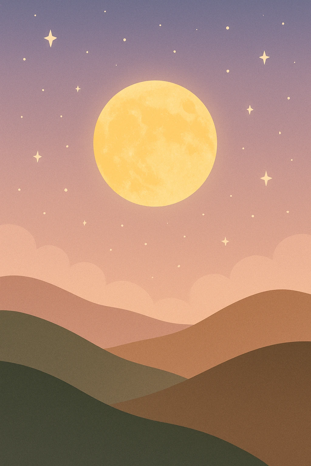 Creation by creationbyai: A flat-style digital illustration of a glowing golden full moon above rolling hills, soft pastel night sky with stars, simple and clean composition for a festive mood.