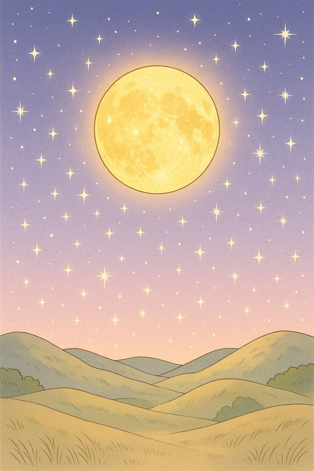 Creation by creationbyai: Manga-style illustration of a glowing golden full moon above gentle rolling hills, soft pastel night sky with sparkling stars, clean and minimal composition, festive and cheerful harvest festival atmosphere, no anthropomorphic features.