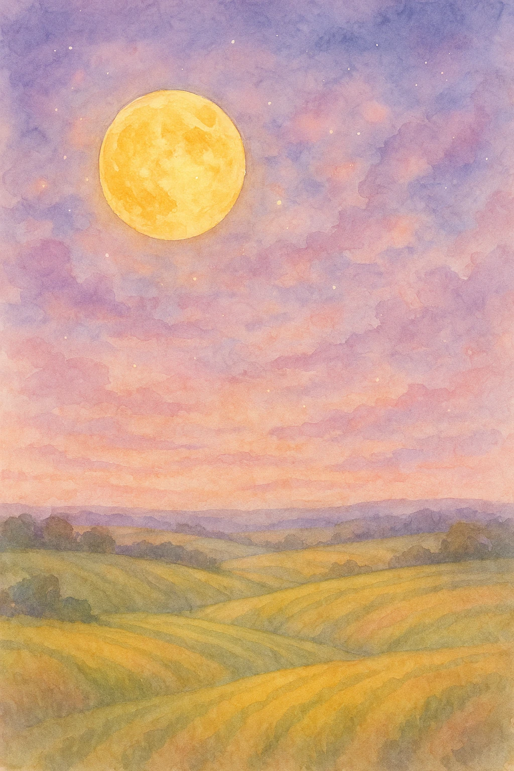 Creation by creationbyai: A watercolor-style digital painting of a bright golden full moon above rolling fields, pastel tones of night sky blending smoothly with hints of lavender and pink, gentle and dreamy festive ambiance.
