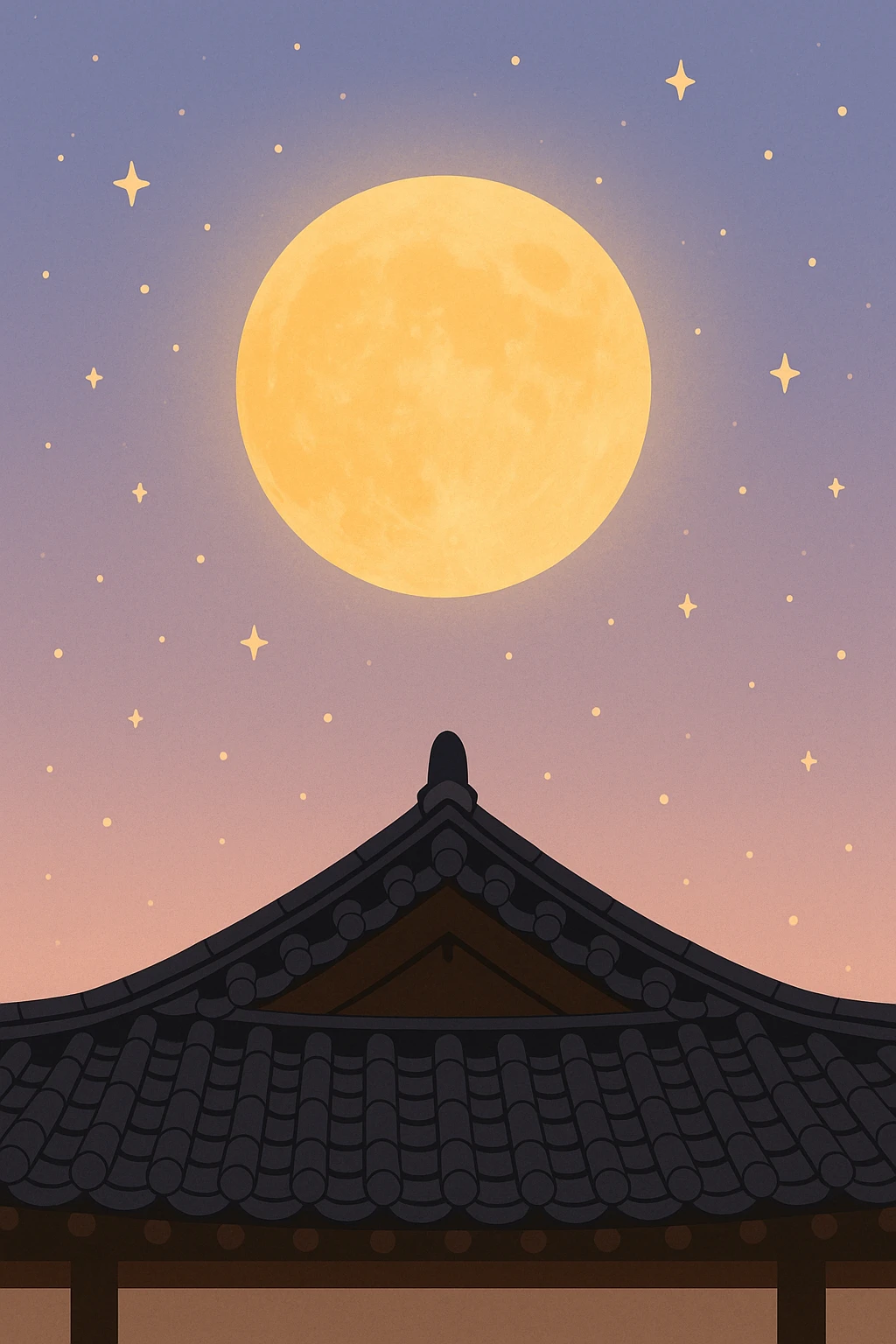 Creation by creationbyai: A flat-style digital illustration of a glowing golden full moon above a traditional hanok roof, soft pastel night sky with stars, simple and clean composition for a festive mood.