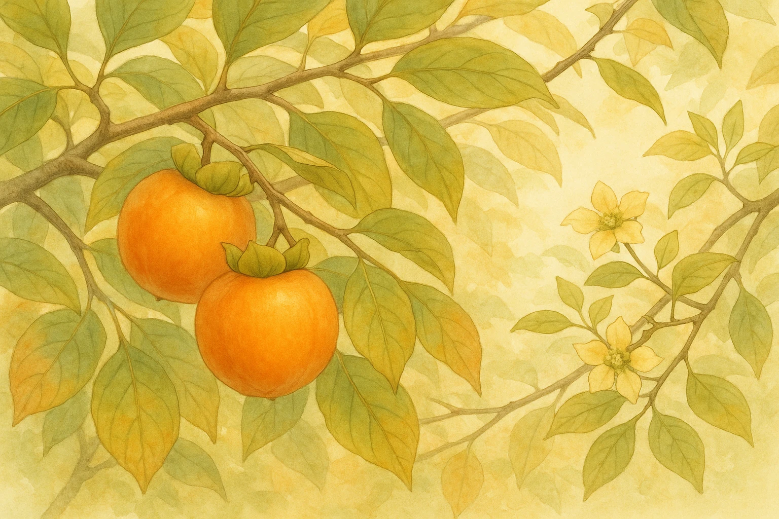 Creation by leesung: A horizontal illustration of a persimmon tree in early autumn, bearing orange ripe fruits with soft sunlight filtering through the leaves. The scene features subtle shades of green and orange, with delicate persimmon flowers on nearby branches. Peaceful and natural atmosphere, botanical illustration style.