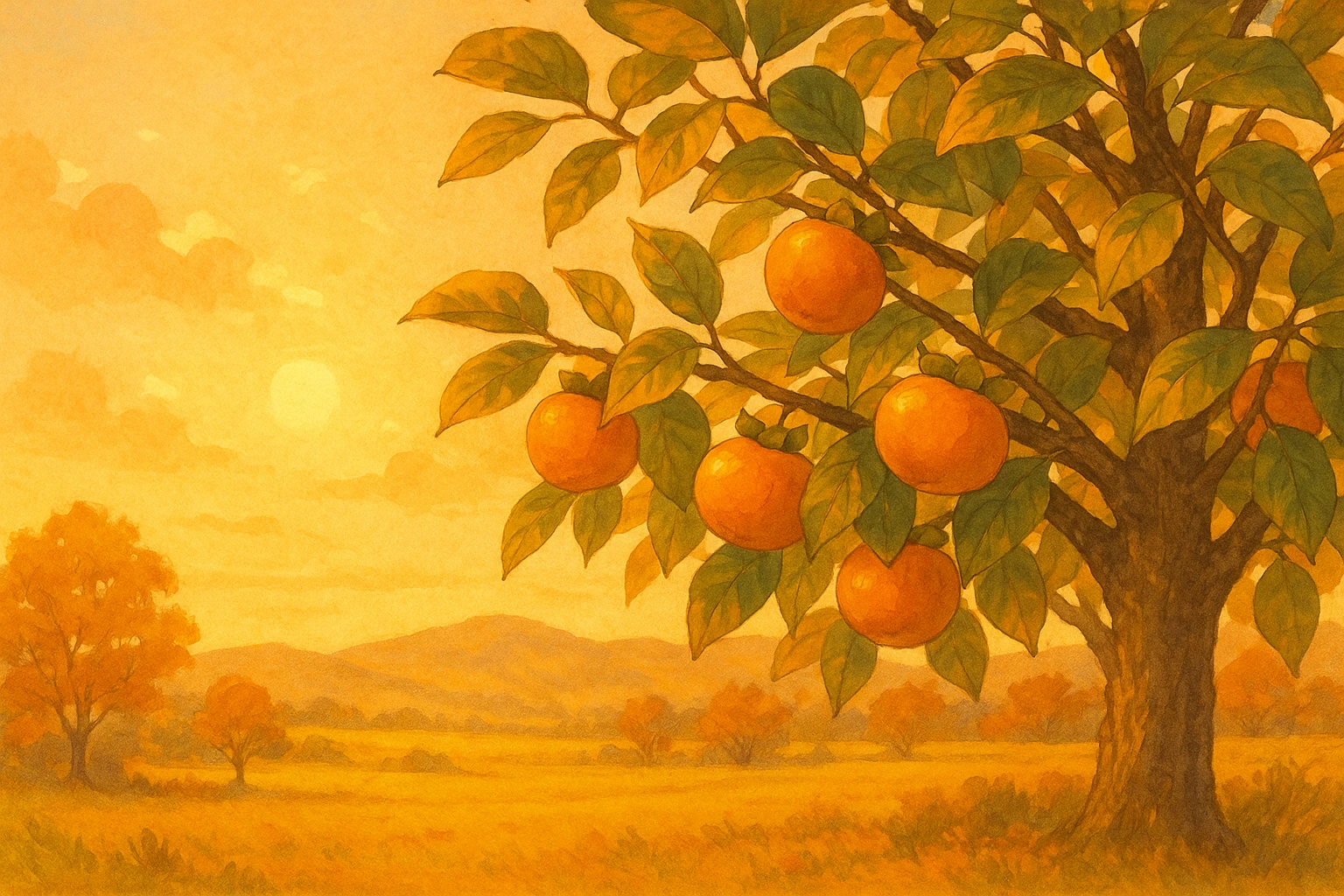 Creation by lad0305: An autumn landscape with a persimmon tree full of bright orange fruits, gentle sunlight shining on the persimmons, capturing the richness of the season in a warm atmosphere, horizontal illustration.