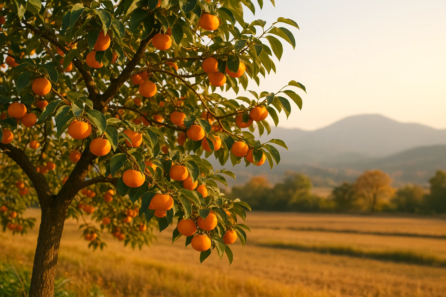 Creation by lad0305: A realistic photograph of an autumn landscape with a persimmon tree full of ripe orange fruits, warm sunlight shining on the tree, golden fields and distant mountains in the background, capturing the richness and warmth of the season in a horizontal composition.