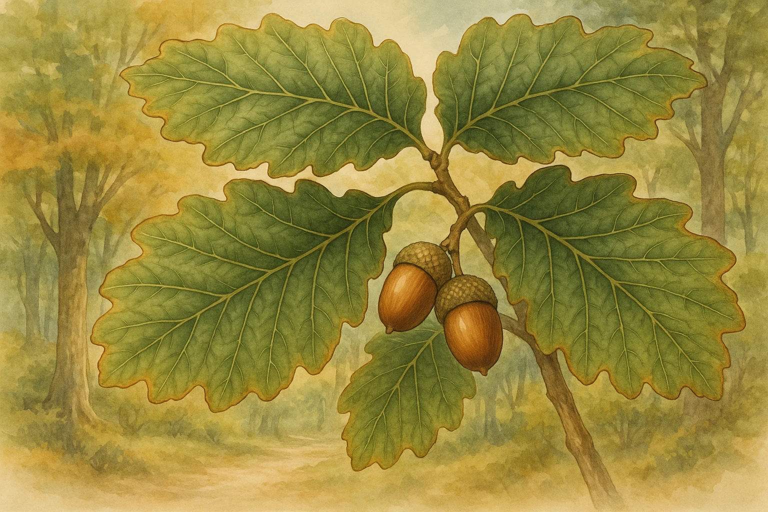 Creation by leesung: A horizontal botanical illustration of Quercus dentata, the Daimyo oak, showing its large, deeply veined leaves with shallow serrated edges, mature acorns in early autumn, and a natural forest background in East Asia. Soft watercolor style with warm autumn tones, clear details of leaves and fruit, serene and educational mood.