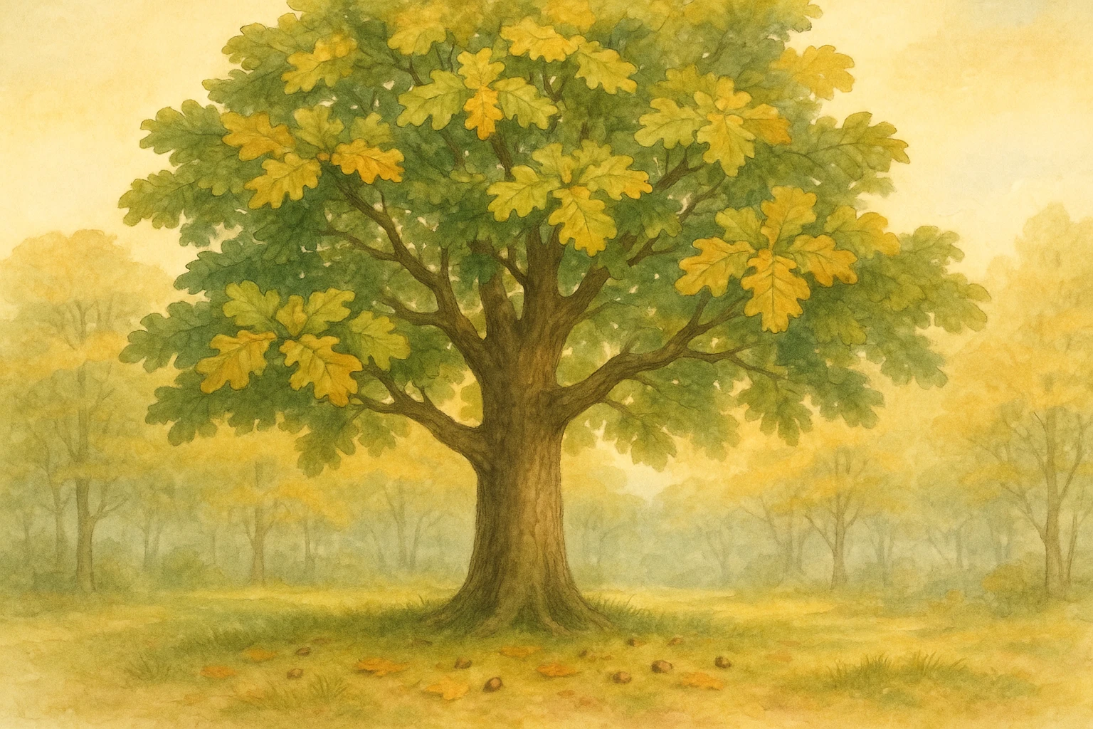Creation by leesung: A horizontal botanical illustration of a full Quercus dentata (Daimyo oak) tree in early autumn, showing its tall, wide-spreading structure with thick branches and oversized, lobed leaves turning golden and green. The tree stands prominently in a peaceful East Asian forest landscape, with scattered acorns on the ground, a soft forest floor, and warm diffused sunlight filtering through the canopy. Rendered in a soft watercolor style with warm autumn tones, educational and serene atmosphere.