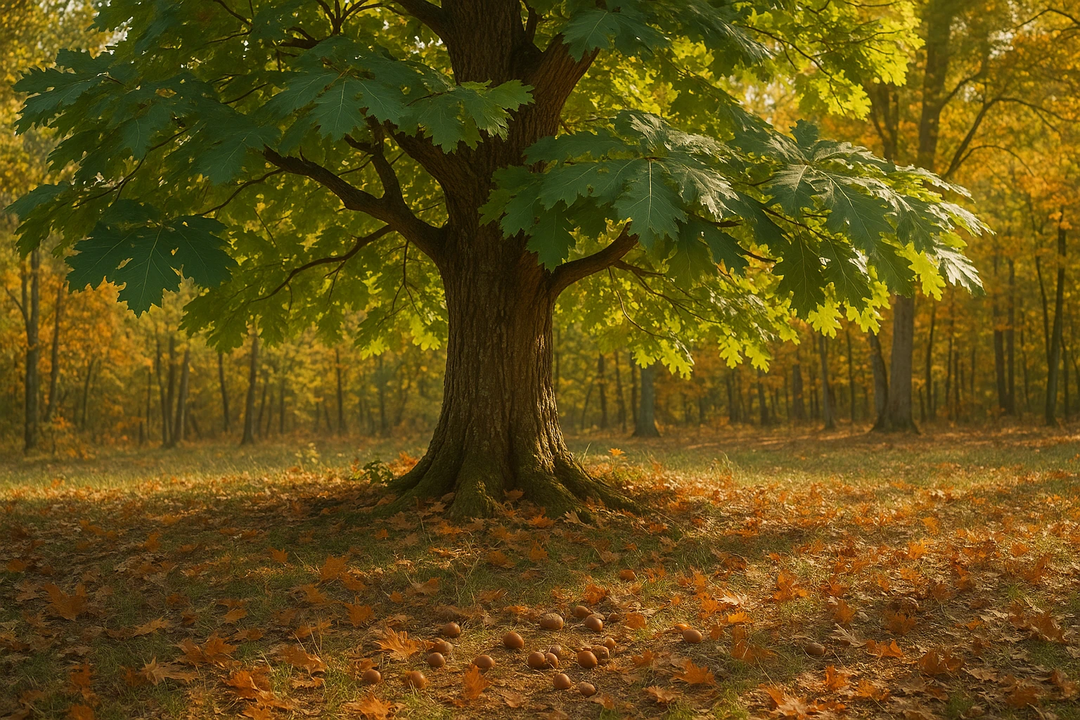 Creation by lad0305: A realistic photo of a large Quercus dentata tree with its broad serrated leaves, standing in a sunlit autumn forest with fallen acorns on the ground, horizontal layout, high detail, natural colors