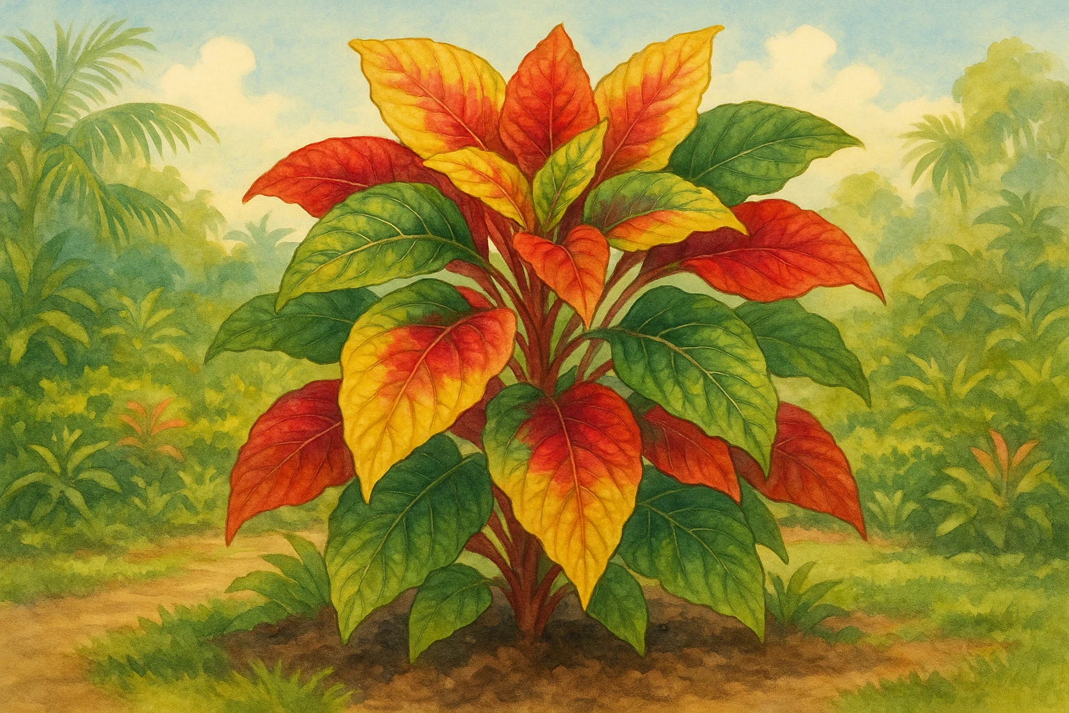 Creation by leesung: Horizontal illustration of Amaranthus tricolor (Joseph’s coat), showing vibrant multicolored leaves in yellow, green, and red tones, set in a garden or ornamental flower bed. Bright, sunny atmosphere with tropical vegetation in the background, artistic botanical style.