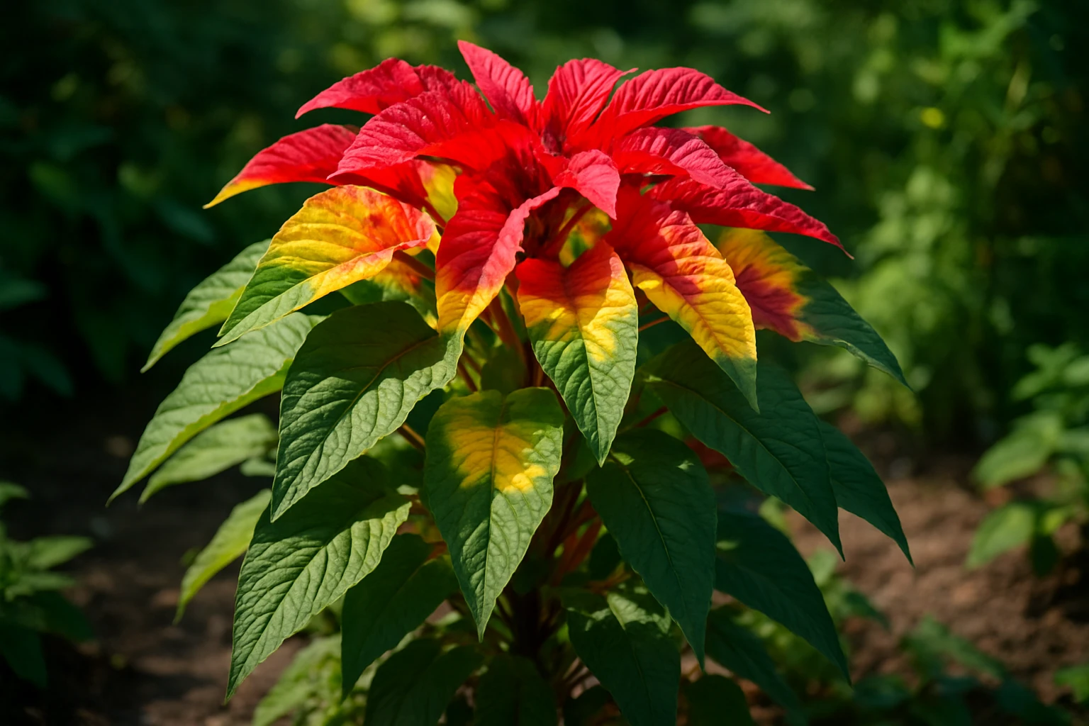Creation by lad0305: A horizontal realistic photo of Amaranthus tricolor with vibrant red, yellow, and green leaves in a garden setting, sunlight softly highlighting the colorful foliage, natural background, high detail, photorealistic style
