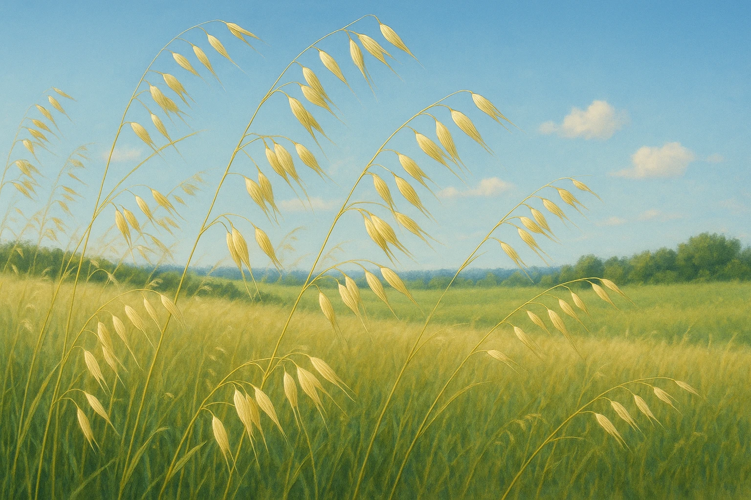 Creation by lad0305: Horizontal layout, an early summer field with wild oats (Avena fatua) swaying in the wind, pale golden ears shimmering under the sunlight, background of blue sky and summer meadow, realistic style with natural colors