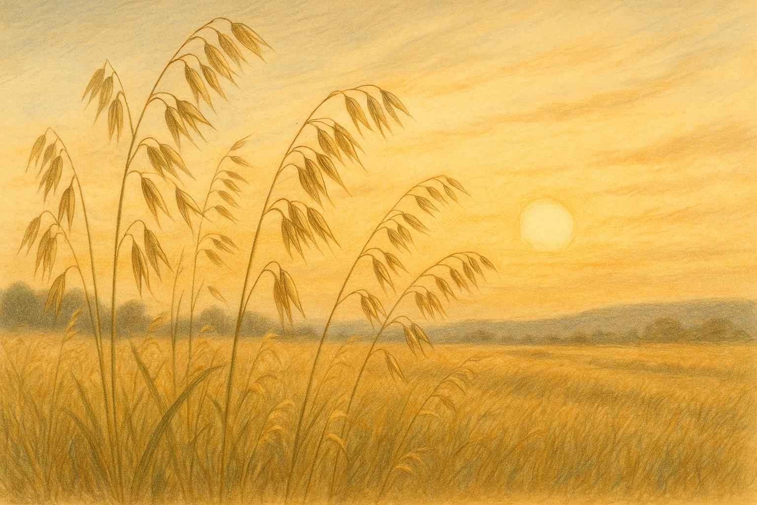 Creation by leesung: A field of wild oats (Avena fatua) swaying gently in the wind, with tall, slender stalks and delicate panicle inflorescences, under a soft golden sunset in a rural landscape — illustration, horizontal layout, natural color tones