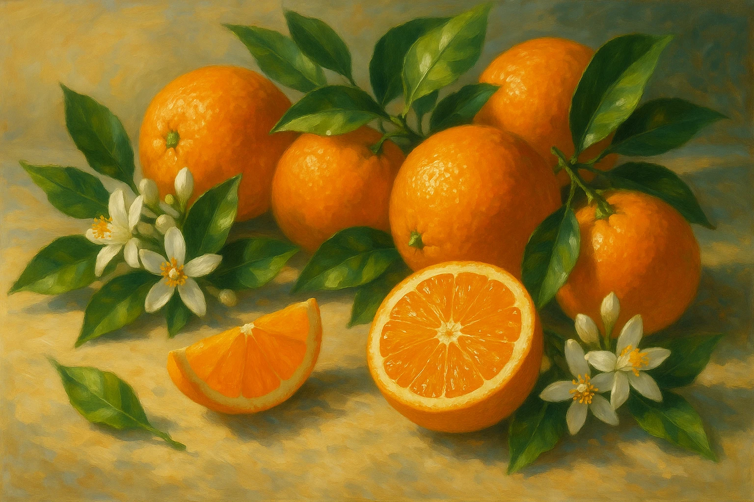 Creation by lad0305: Horizontal layout, a vibrant still life painting of ripe oranges with glossy green leaves, some whole and some sliced to reveal juicy flesh, alongside delicate white orange blossoms, warm sunlight casting soft shadows, Mediterranean atmosphere, realistic yet artistic style
