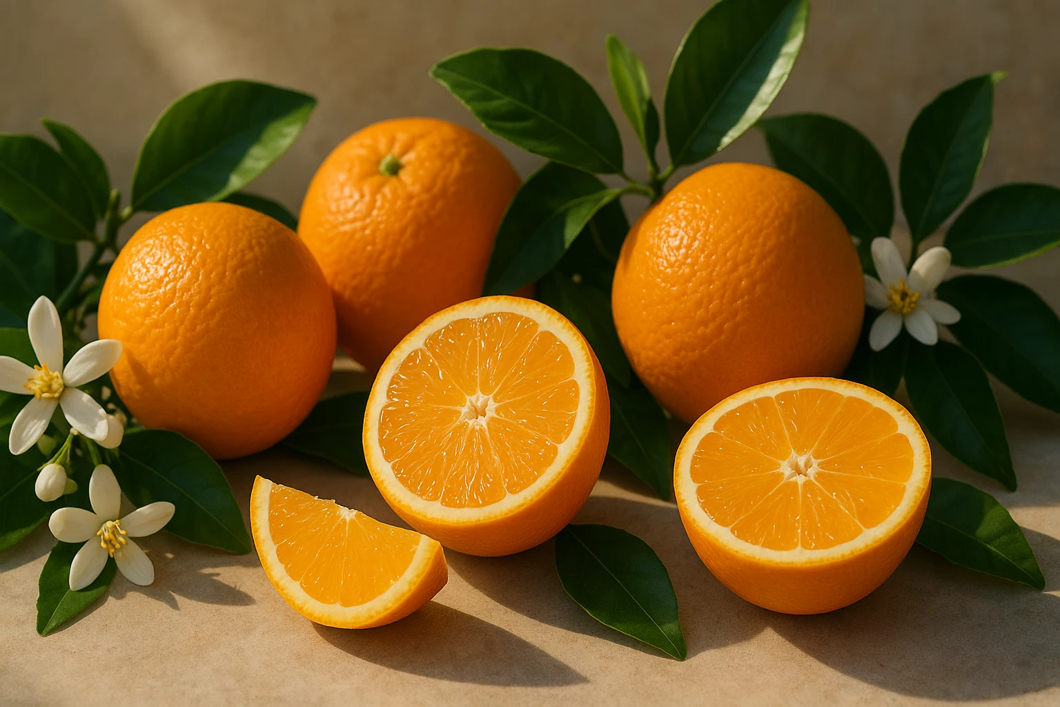 Creation by lad0305: Horizontal layout, a high-resolution realistic photograph of fresh ripe oranges with glossy green leaves, some whole and some sliced to reveal juicy flesh, placed alongside delicate white orange blossoms, illuminated by warm natural sunlight with soft shadows, Mediterranean atmosphere, photorealistic style