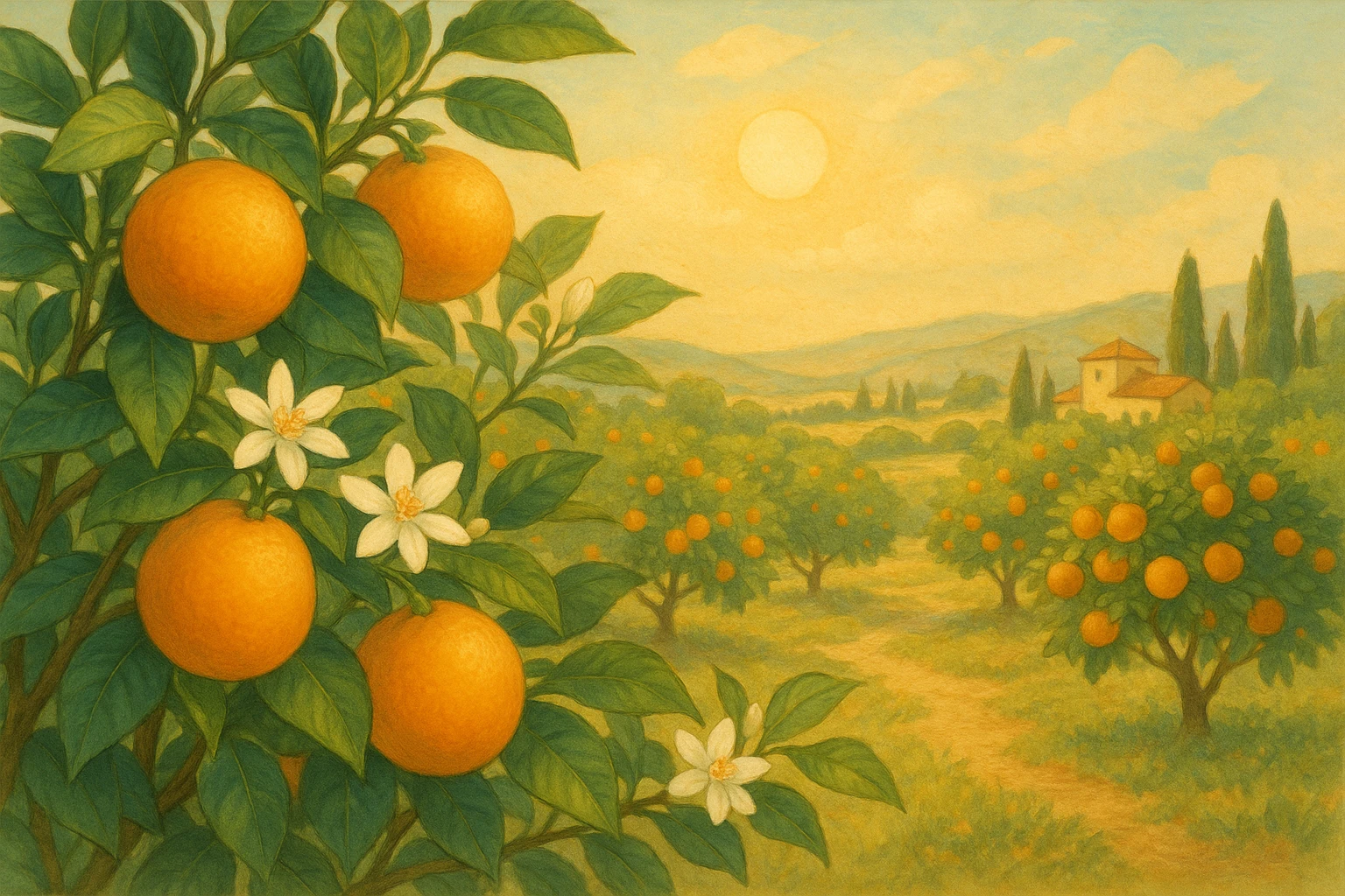 Creation by leesung: A bright orange grove under the golden sun, with ripe oranges hanging from deep green branches, delicate white orange blossoms blooming among the leaves, and a soft breeze carrying the citrus scent across a Mediterranean-style countryside.