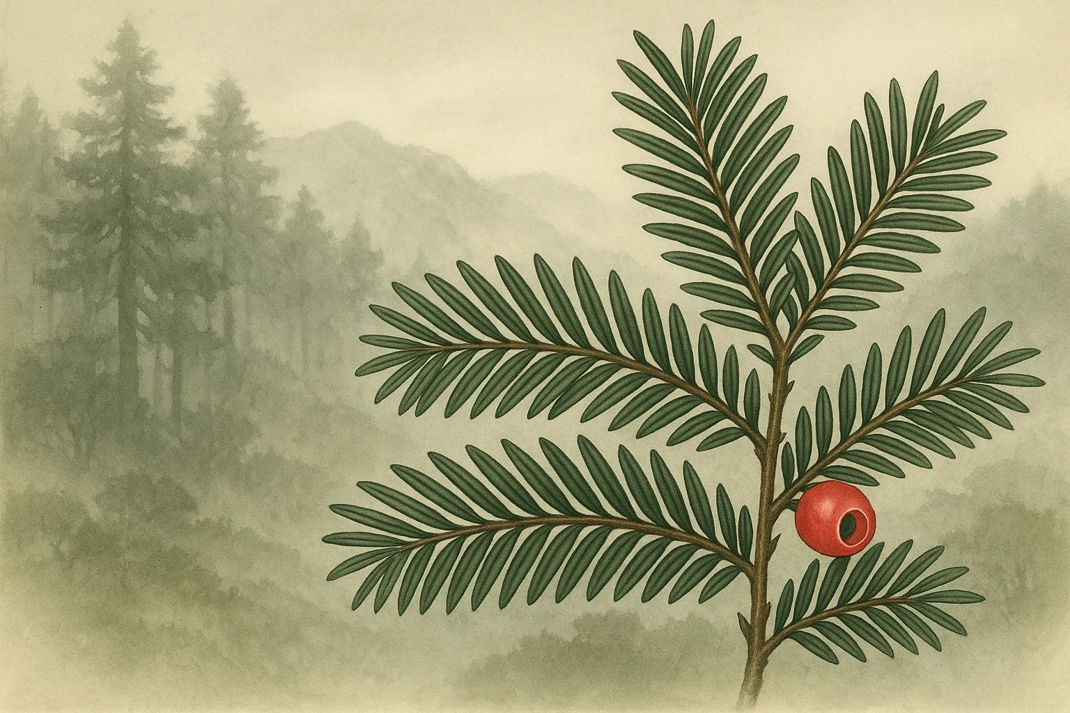 Creation by leesung: Horizontal layout, botanical illustration of Taxus cuspidata (Japanese Yew) with detailed depiction of dark green flat needle leaves and bright red aril (berry-like structure), growing in a misty Korean highland forest, serene and refined aesthetic, soft natural lighting, minimal background, traditional ink painting style inspiration
