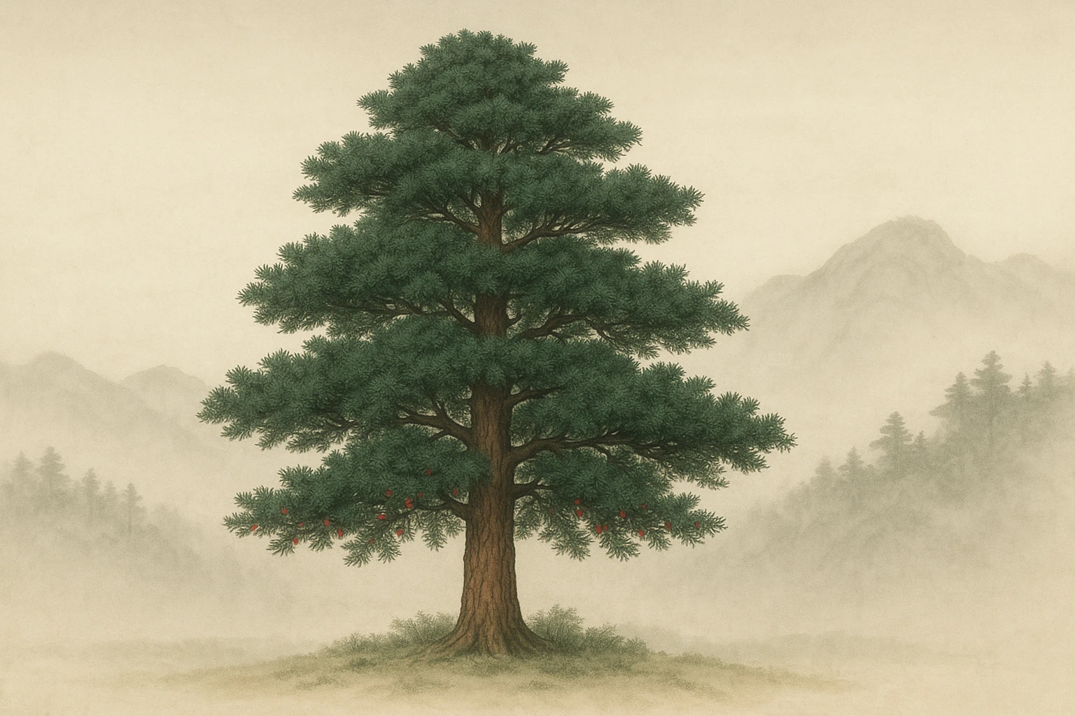 Creation by leesung: Horizontal layout, full view botanical illustration of a mature Taxus cuspidata (Japanese Yew) tree standing alone in a misty Korean highland forest, showcasing its broad conical shape, dense dark green needle-like foliage, reddish-brown bark, and scattered bright red arils on the lower branches, traditional East Asian ink painting style, soft natural lighting, tranquil atmosphere, minimal background with distant pine-covered mountains, serene and elegant aesthetic
