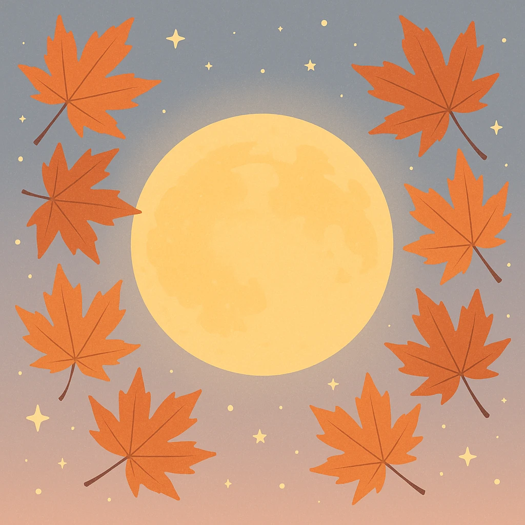 Creation by freeimg: A flat-style digital illustration of a glowing golden full moon with autumn maple leaves gently framing the scene, soft pastel night sky with stars, simple and clean composition for a festive mood.