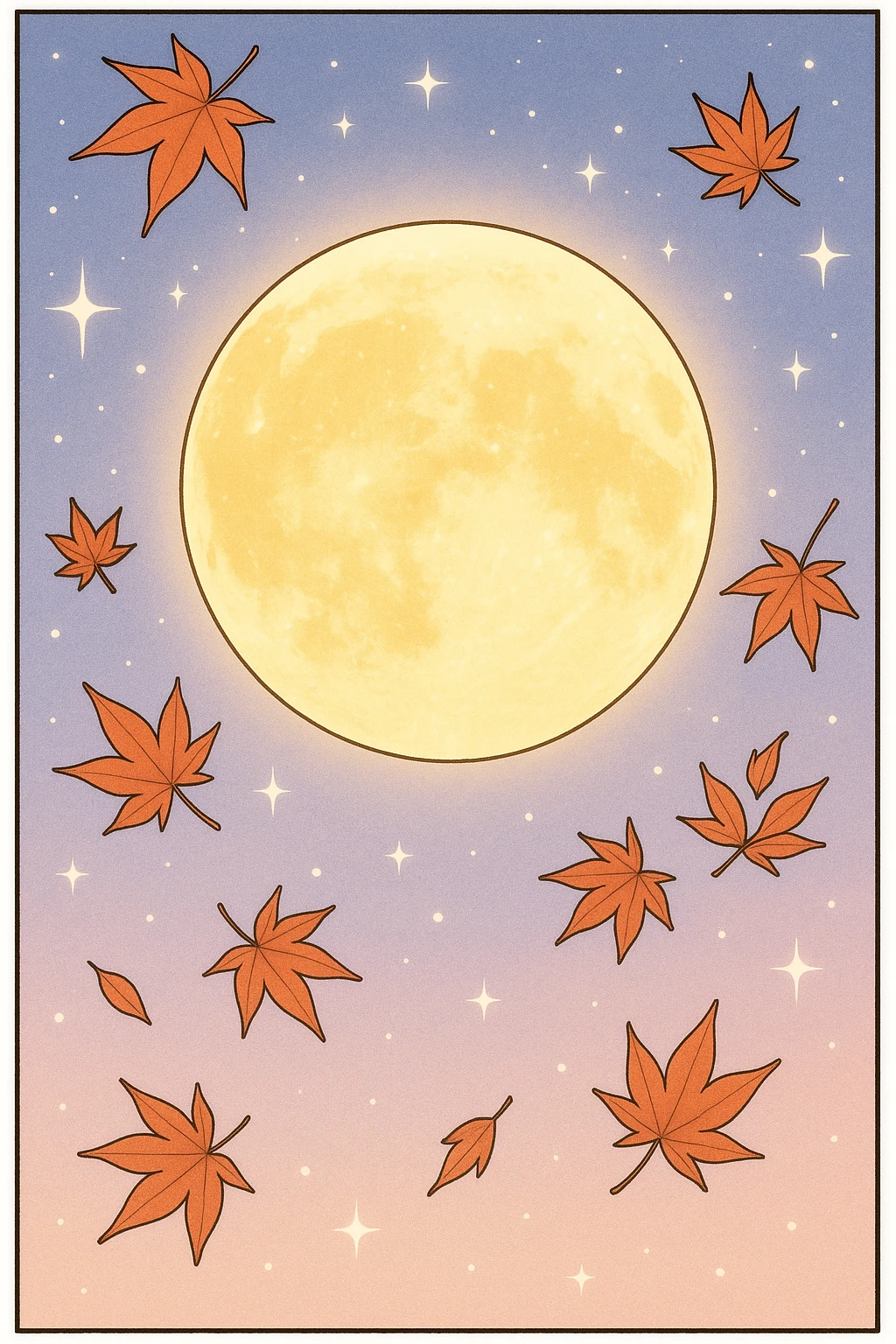 Creation by freeimg: Manga-style illustration of a glowing golden full moon surrounded by scattered autumn maple leaves, pastel night sky with sparkling stars, clean and minimal composition, festive and cheerful harvest festival atmosphere, no anthropomorphic features.