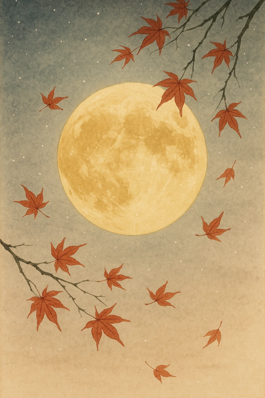 Creation by freeimg: A traditional ink painting-inspired illustration of a luminous golden full moon with delicate red maple leaves drifting across a pastel gradient night sky with faint stars, serene and timeless atmosphere.