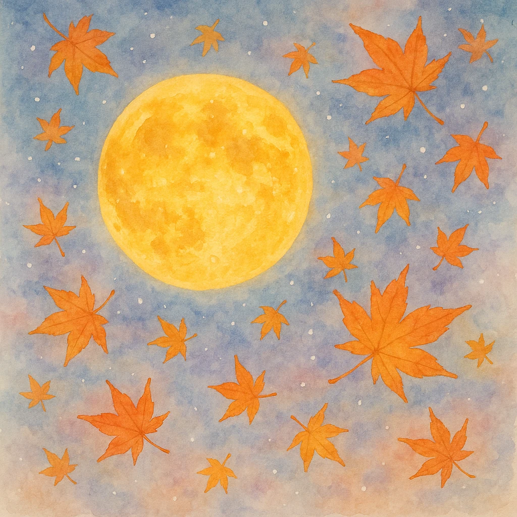 Creation by freeimg: A watercolor-style digital painting of a bright golden full moon glowing with autumn maple leaves softly scattered in the pastel night sky, dreamy and festive ambiance.