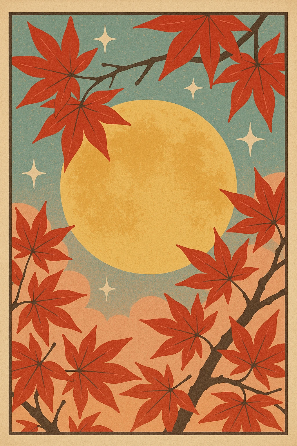 Creation by freeimg: A retro Japanese poster-style illustration of a golden full moon framed with bold autumn maple leaves, soft pastel sky with stylized star accents, vintage clean design with festive impression.