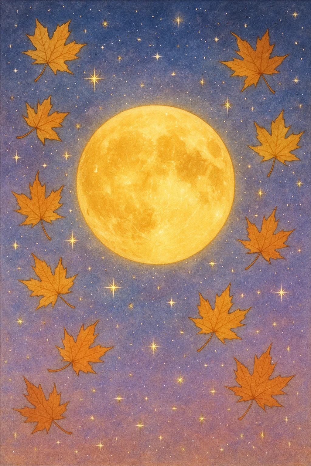 Creation by freeimg: A dreamy fantasy-style illustration of a golden full moon glowing in a pastel night sky shimmering with stars, surrounded by floating maple leaves, ethereal and celebratory harvest festival mood.