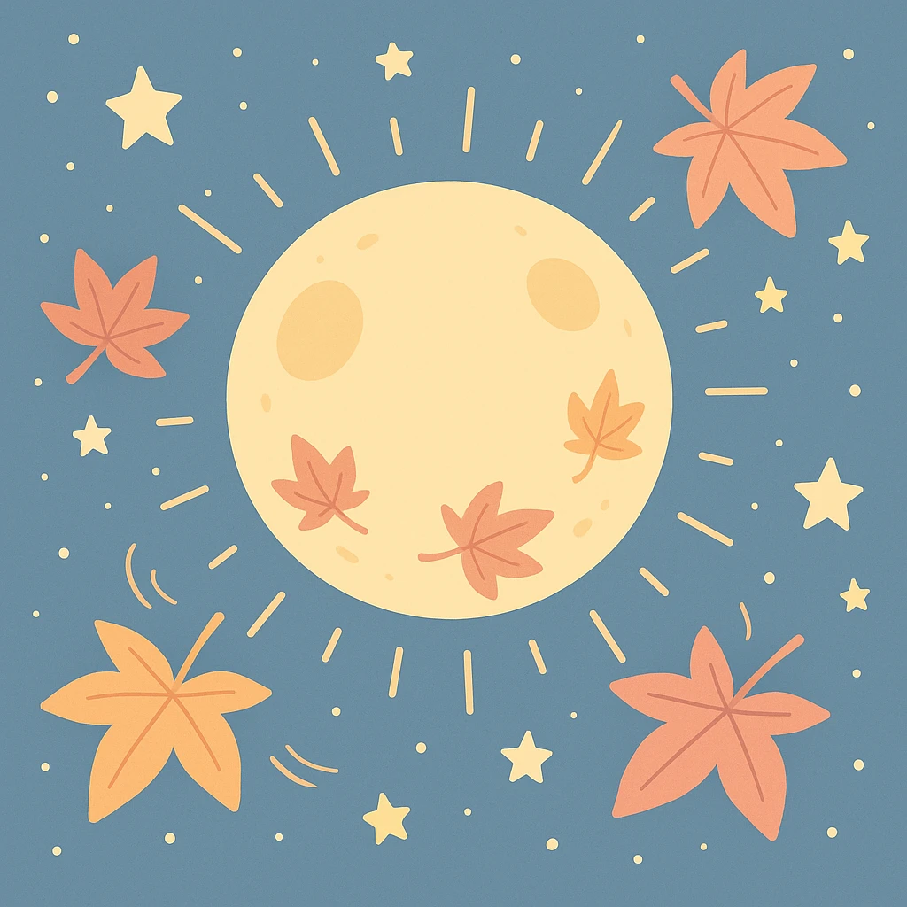 Creation by freeimg: A flat pastel cartoon-style illustration of a radiant golden full moon with playful maple leaves drifting across a clear night sky, clusters of bright stars adding festive energy.