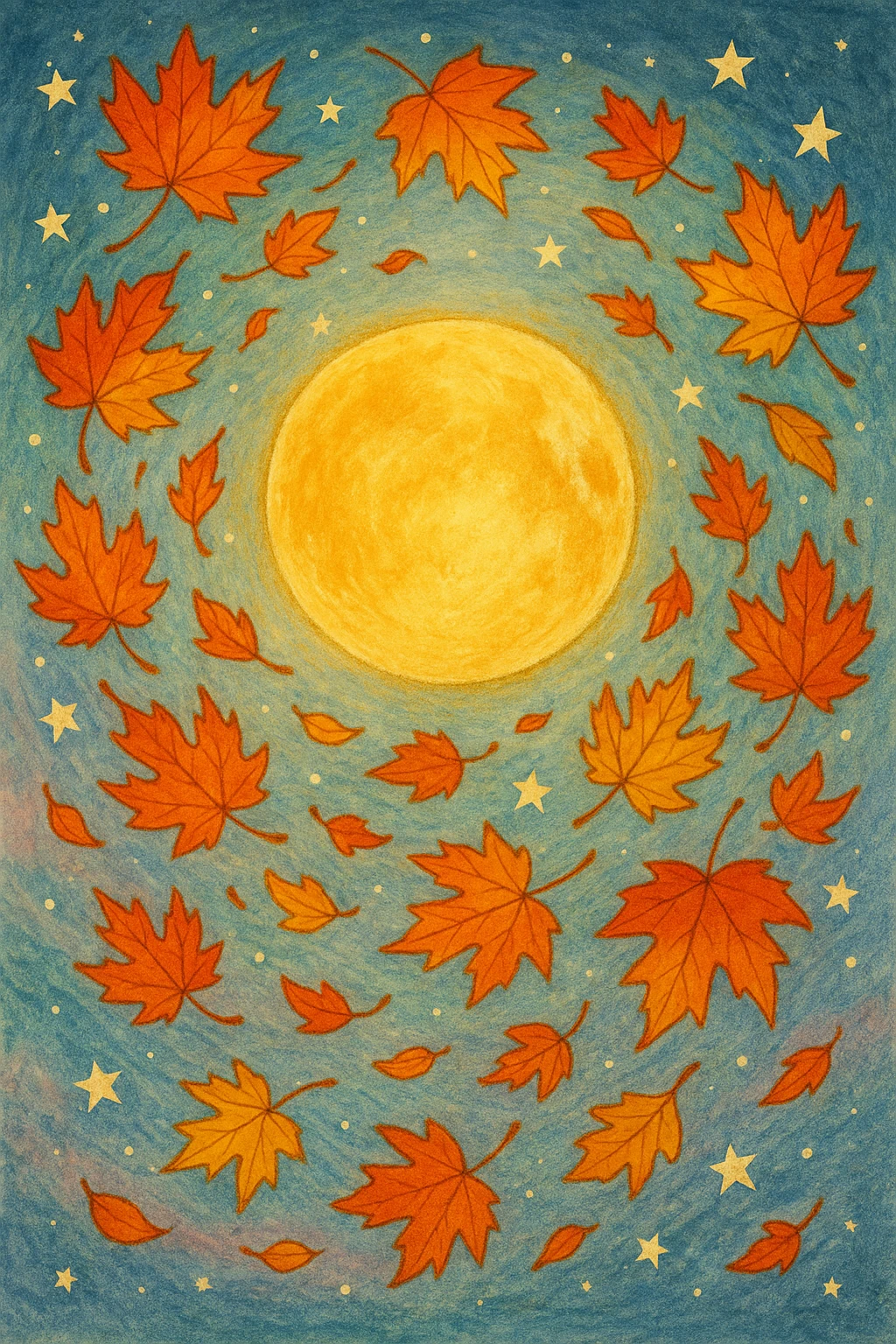 Creation by freeimg: A storybook-style illustration of a glowing golden full moon with whimsical autumn maple leaves swirling in the pastel night sky dotted with stars, charming and cheerful festive feeling.