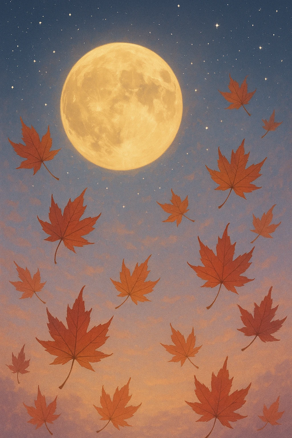 Creation by freeimg: A semi-realistic digital painting of a golden full moon casting soft light over drifting maple leaves, pastel-toned twilight sky with a scattering of stars, tranquil and celebratory evening mood.