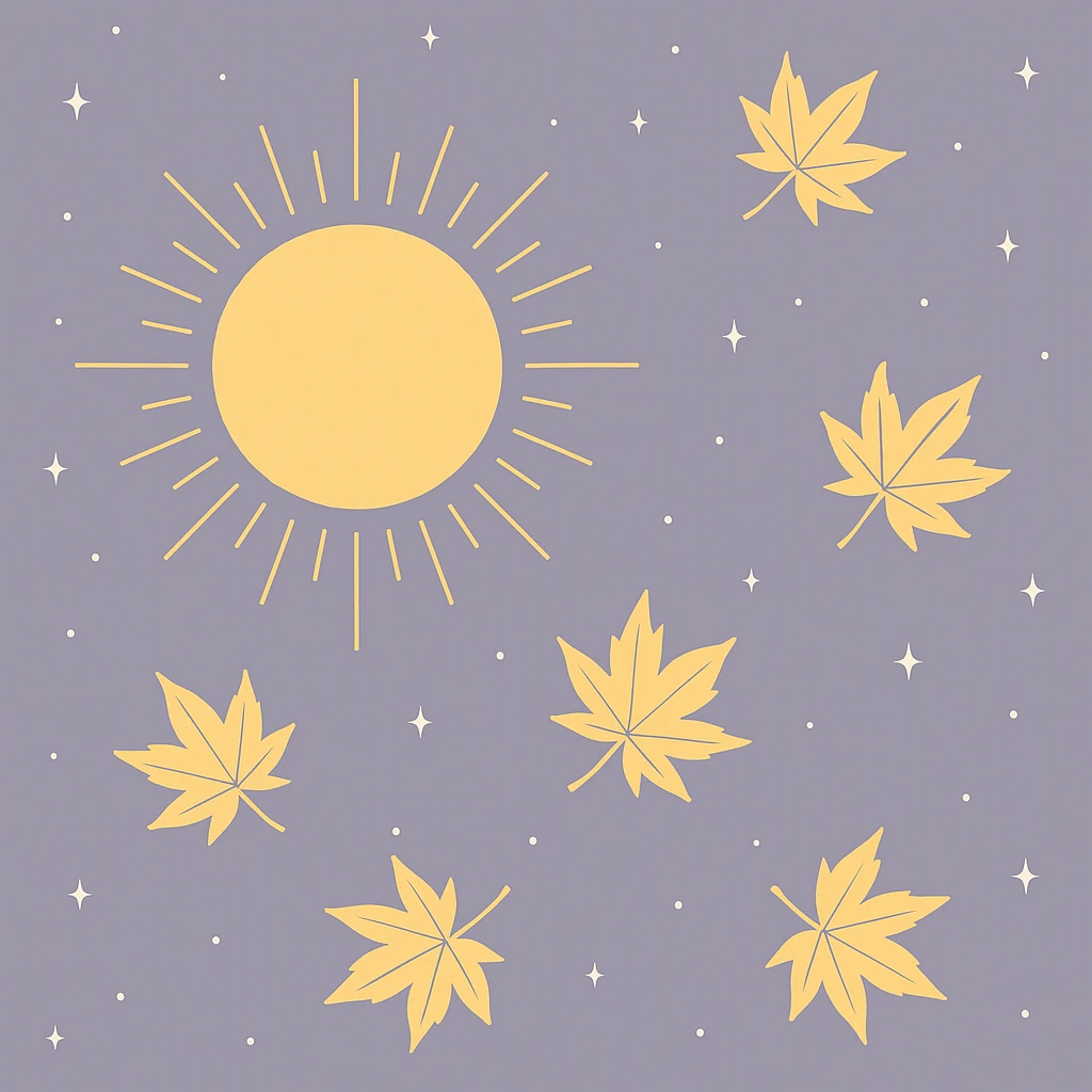 Creation by freeimg: A minimalist vector-style illustration of a radiant golden full moon with stylized maple leaves floating in a pastel night sky with evenly scattered stars, geometric clean lines and calm festive balance.