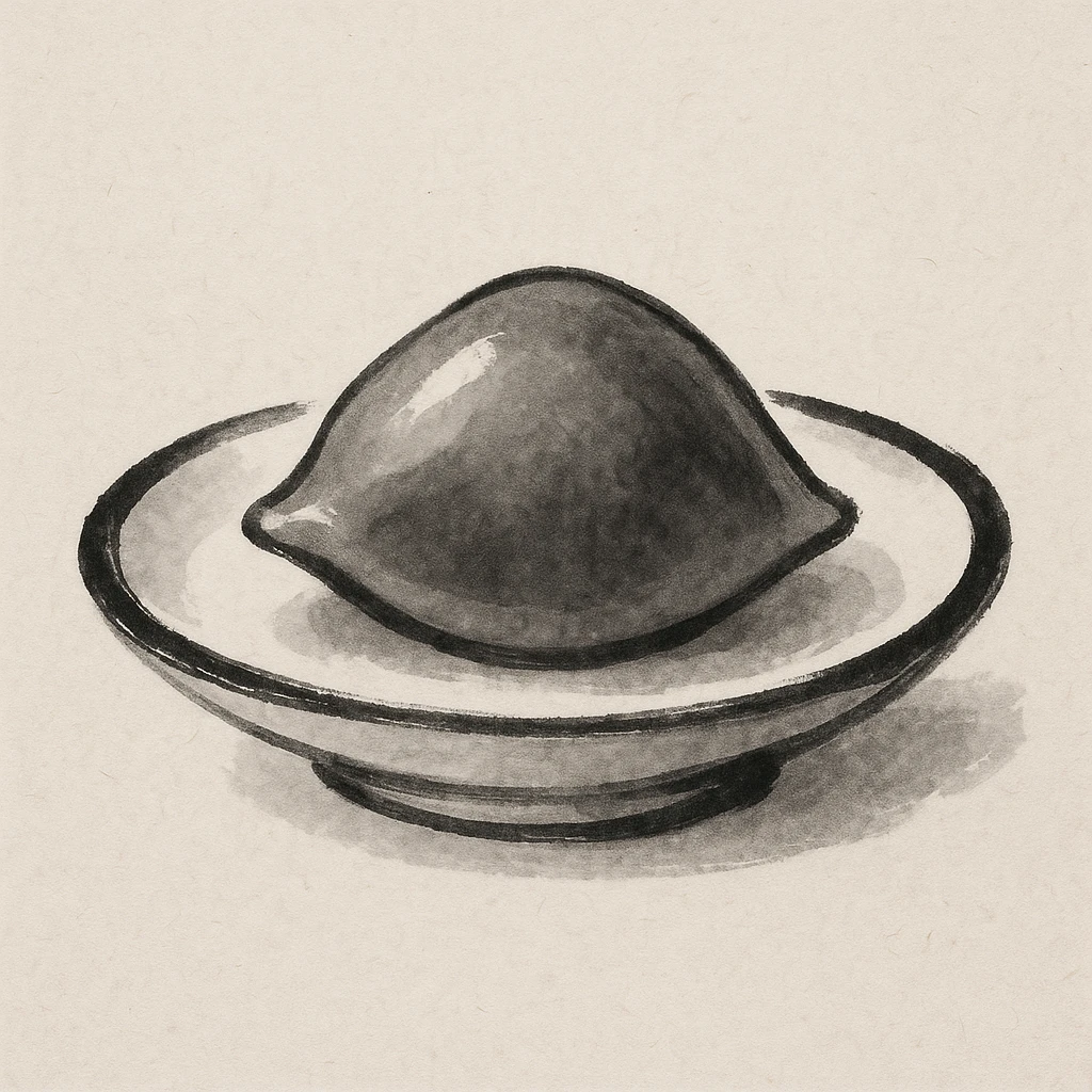 Creation by freeimg: A minimalist ink wash painting of a single songpyeon on a small dish, bold brush strokes with subtle shading, evoking traditional East Asian art style.
