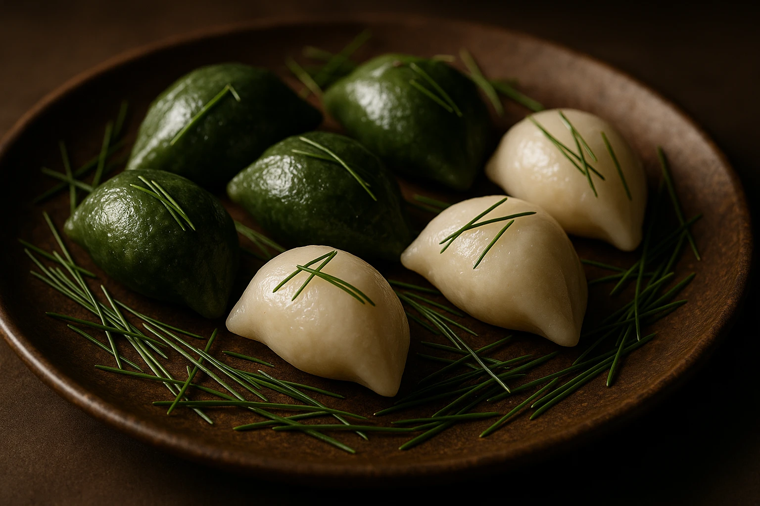 Creation by freeimg: A cinematic food photography-inspired digital rendering of songpyeon sprinkled with pine needles for aroma, placed under soft directional lighting with shallow depth of field.