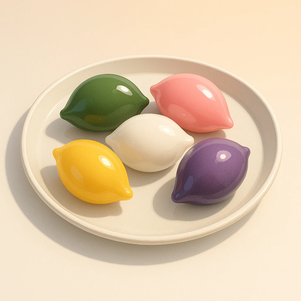 Creation by freeimg: A modern digital illustration of glossy, colorful songpyeon on a ceramic plate with subtle reflections, clean and simple composition, soft gradient background.