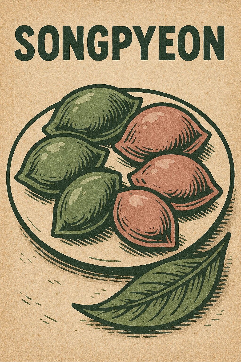 Creation by freeimg: A vintage poster-style drawing of traditional Korean songpyeon, bold outlines, muted tones of green and pink, textured paper effect, nostalgic aesthetic.