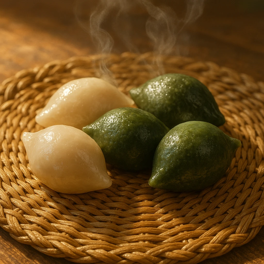 Creation by freeimg: A photorealistic digital painting of steaming songpyeon on a woven straw mat, highlighting the glistening surface and fine texture, with natural daylight creating a warm mood.