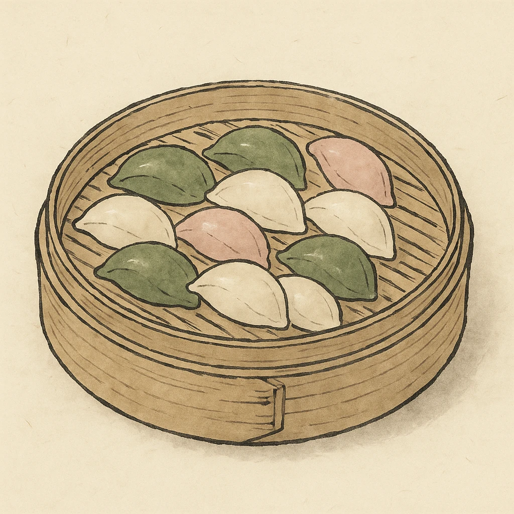 Creation by freeimg: A traditional Korean illustration of freshly made half-moon shaped songpyeon placed in a bamboo steamer, soft ink brush lines and muted natural colors, minimal background, serene cultural atmosphere.