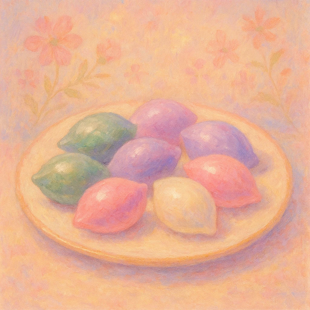 Creation by freeimg: A dreamy pastel-toned gouache painting of songpyeon with faint floral patterns in the background, soft brush textures, and a warm celebratory atmosphere.