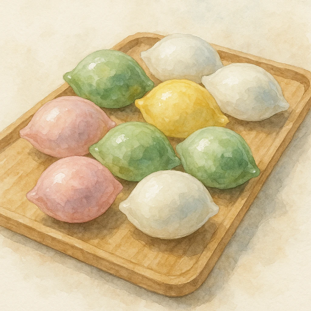 Creation by freeimg: A realistic watercolor painting of colorful songpyeon in pastel shades of pink, green, white, and yellow, neatly arranged on a wooden tray with subtle shadows and delicate brush textures.
