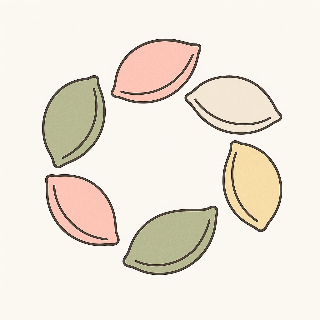 Creation by freeimg: A minimalistic flat vector illustration of assorted songpyeon, clean outlines and soft pastel color palette, arranged in a circular pattern on a plain white background.