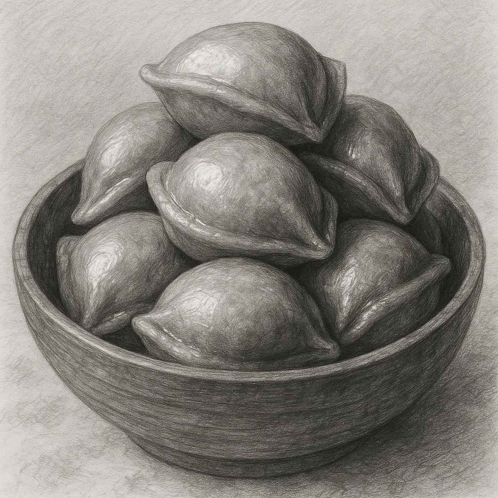 Creation by freeimg: A hyper-realistic pencil sketch of songpyeon stacked in a wooden bowl, detailed shading capturing the curves and folds, monochrome tones, focus on texture.