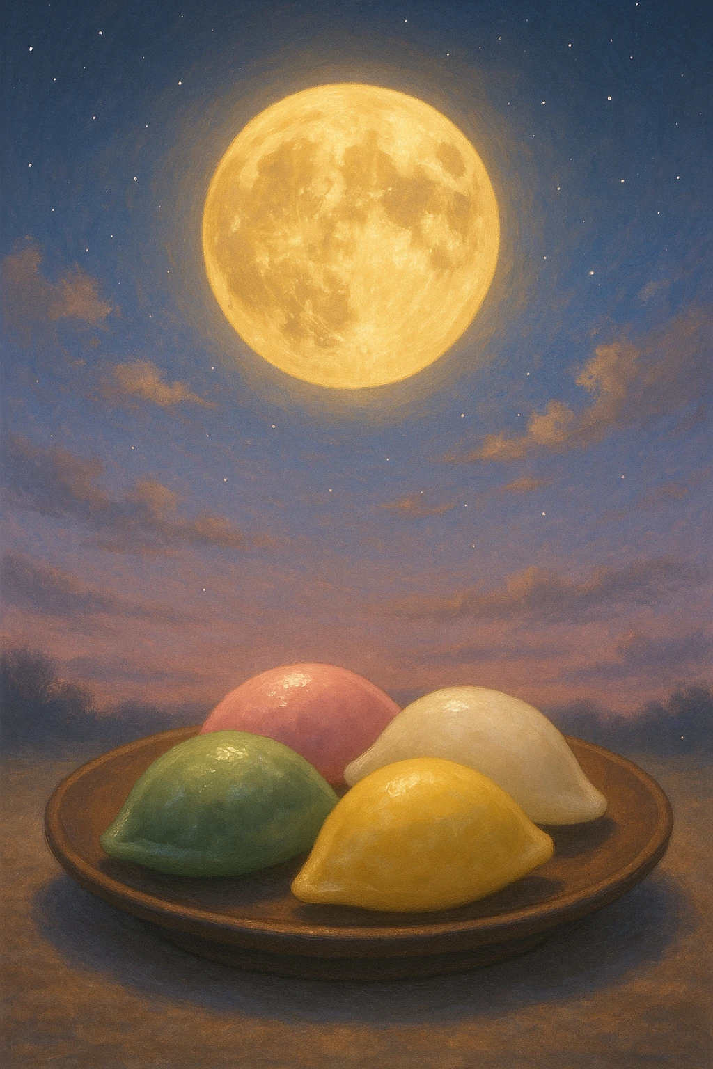 Creation by freeimg: A semi-realistic digital painting of a golden full moon casting soft light over a small set of colorful songpyeon, pastel-toned twilight sky with faint stars, tranquil and celebratory harvest mood.