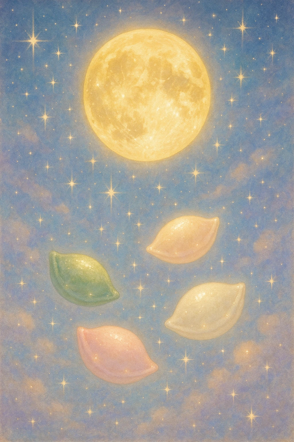 Creation by freeimg: A dreamy fantasy-style illustration of a luminous golden full moon shining in a pastel night sky shimmering with twinkling stars, with softly glowing songpyeon floating beneath, ethereal and celebratory mood.