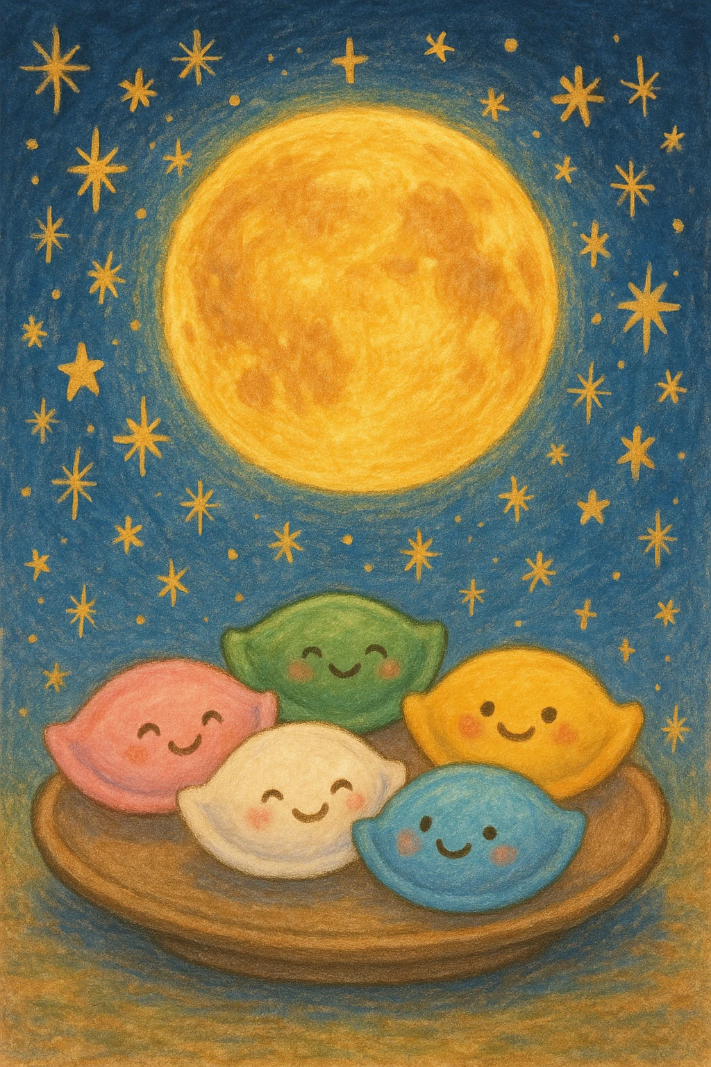 Creation by freeimg: A storybook-style illustration of a glowing golden full moon with playful pastel songpyeon placed underneath, night sky dotted with whimsical star patterns, cheerful and charming festive feeling.