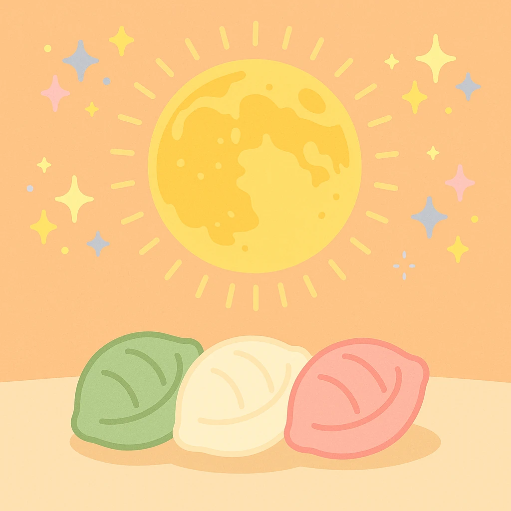 Creation by freeimg: A flat pastel cartoon-style illustration of a radiant golden full moon surrounded by star clusters, with bright colorful songpyeon at the bottom, playful and festive holiday energy.