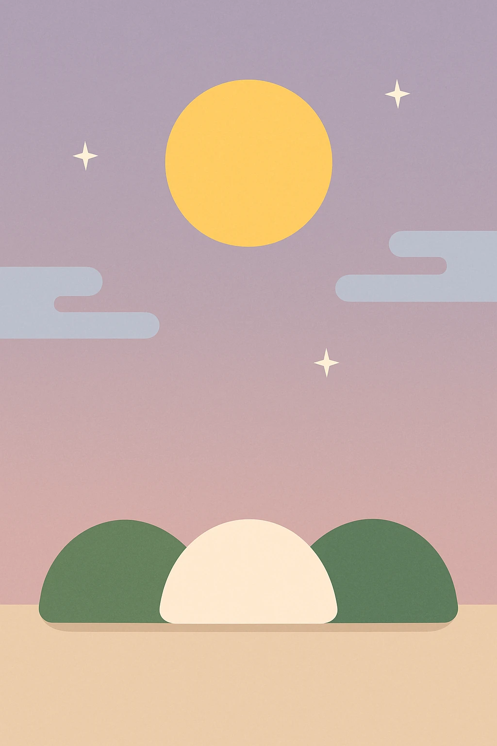 Creation by freeimg: A minimalist vector-style illustration of a bright golden full moon in a pastel night sky, simple stylized songpyeon shapes in the lower part of the frame, geometric clean lines and calm festive balance.