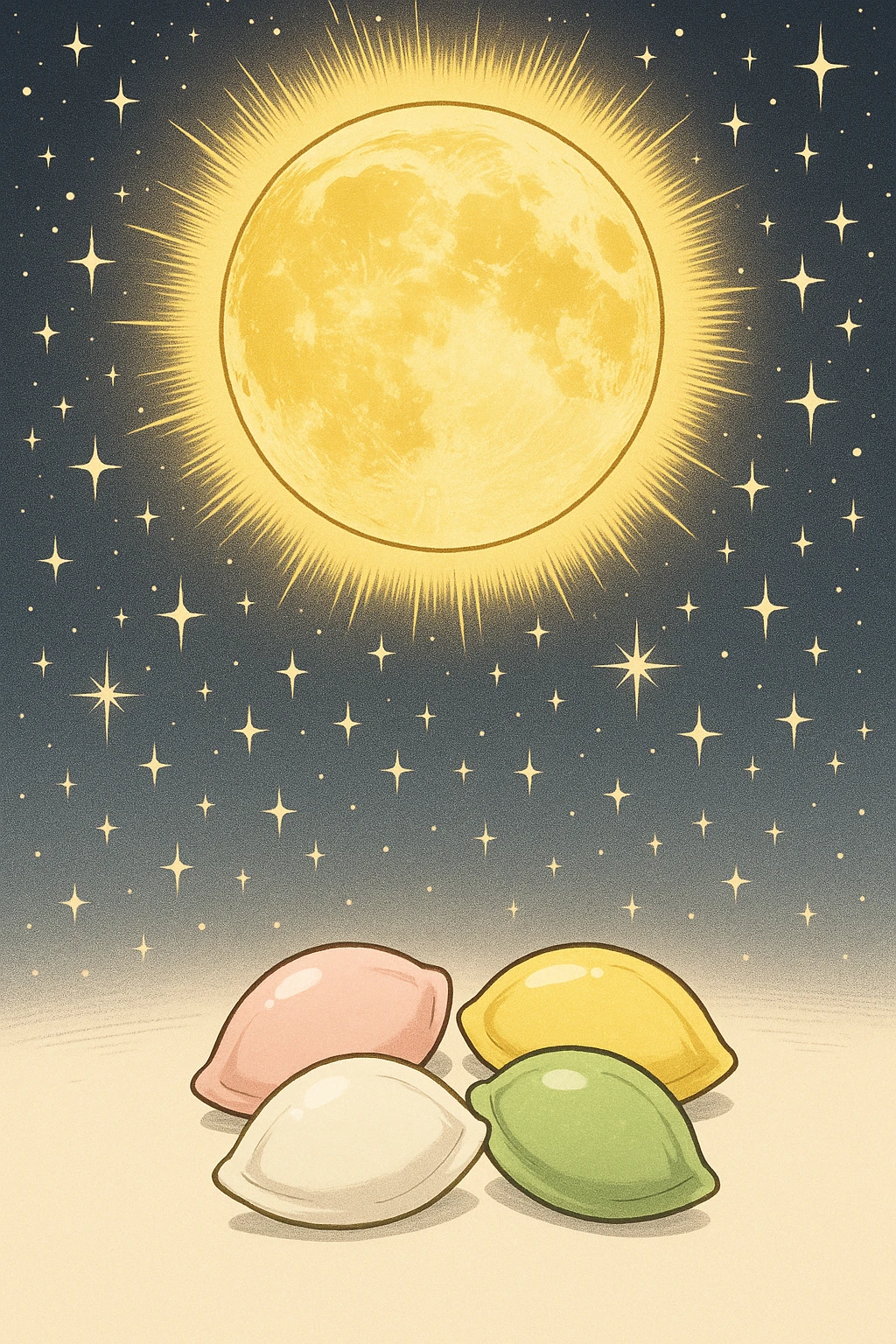 Creation by freeimg: Manga-style illustration of a glowing golden full moon surrounded by sparkling stars, with a small set of bright pastel songpyeon below, clean and minimal composition, cheerful harvest festival atmosphere, no anthropomorphic features.