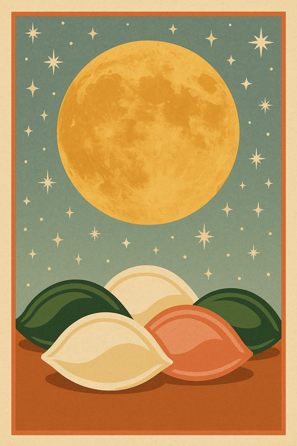 Creation by freeimg: A retro poster-style illustration of a golden full moon framed against a pastel starry sky, with bold stylized songpyeon shapes at the base, vintage clean design with harvest festival impression.