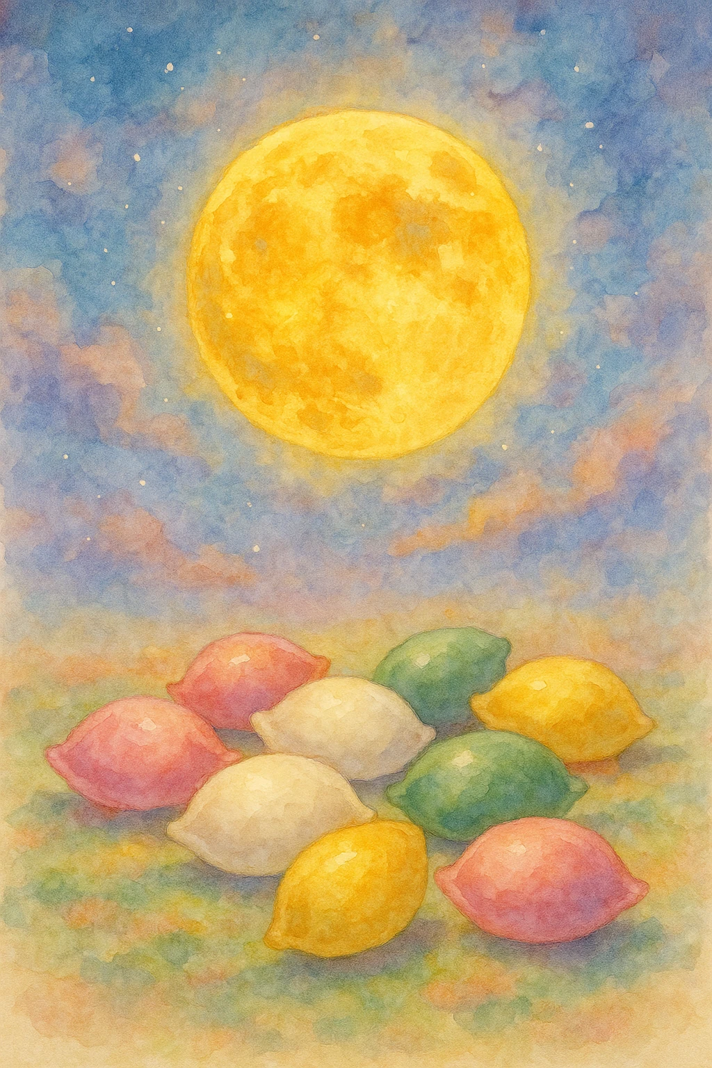 Creation by freeimg: A watercolor-style digital painting of a radiant golden full moon glowing in a dreamy pastel night sky, with soft colorful songpyeon scattered gently below, festive and warm ambiance.