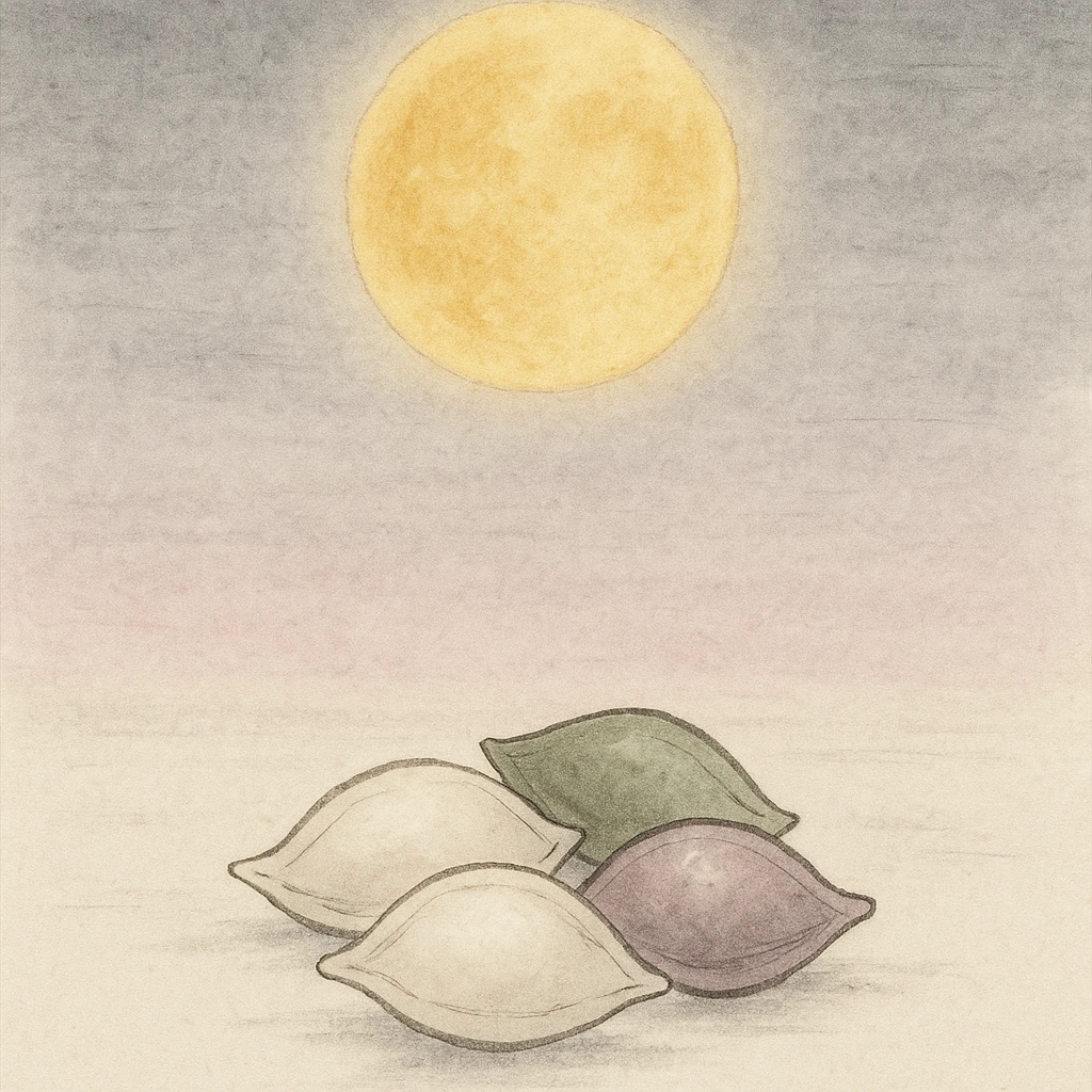 Creation by freeimg: A traditional ink painting-inspired illustration of a luminous golden full moon above a gentle pastel gradient night sky, with delicately drawn songpyeon placed beneath, serene and timeless atmosphere.