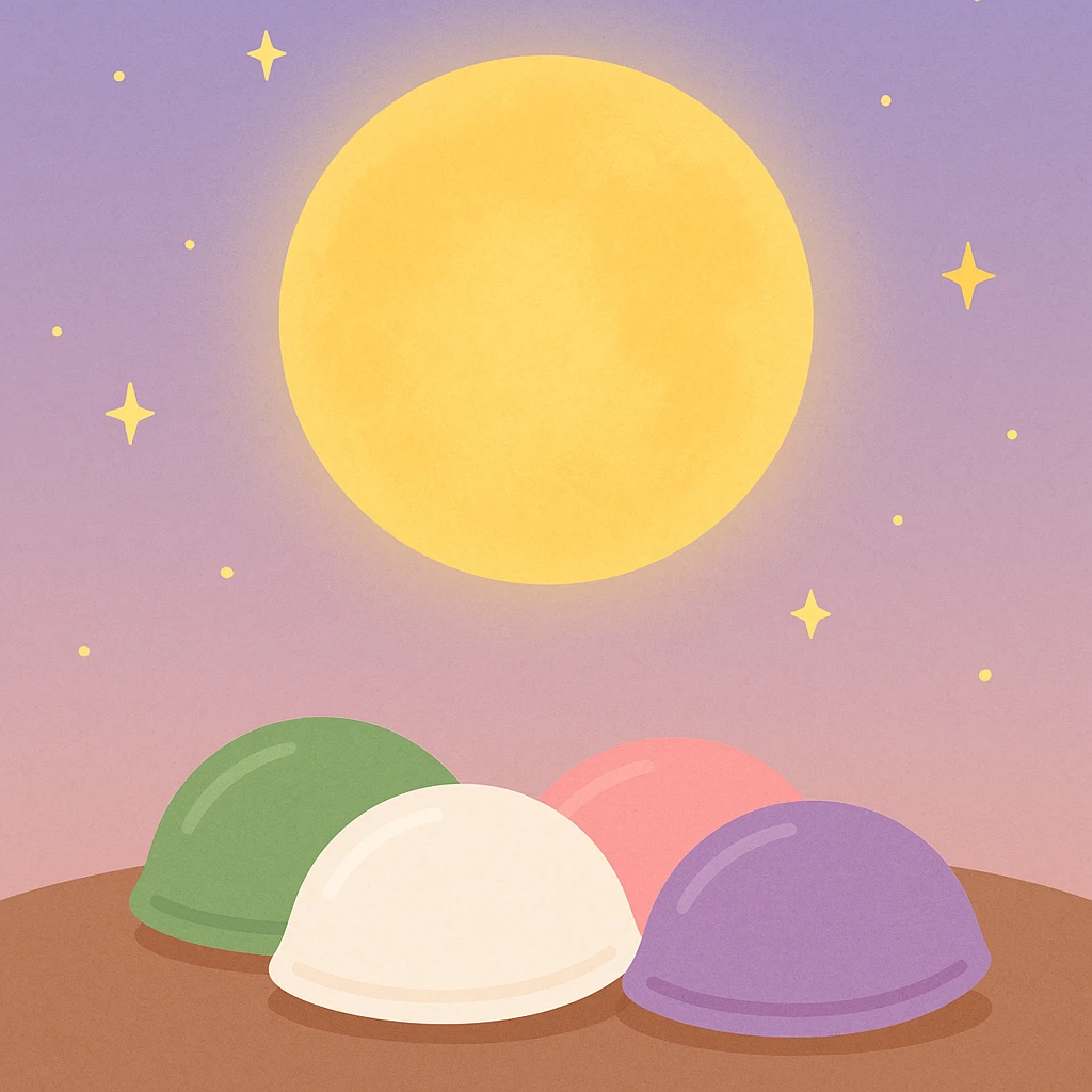 Creation by freeimg: A flat-style digital illustration of a glowing golden full moon with colorful songpyeon arranged in the foreground, soft pastel night sky with stars, simple and clean composition for a festive mood.