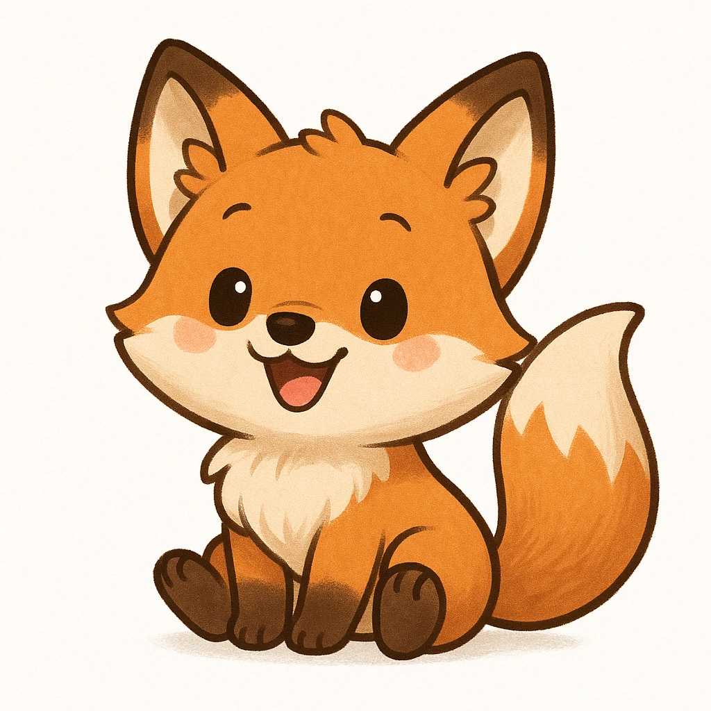 Creation by chibi: Adorable Fox illustration, SD character, Happy Expression, White Background